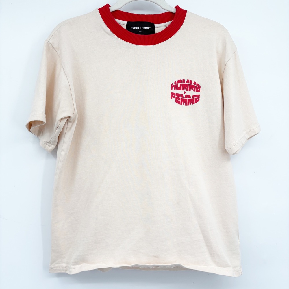 Homme + Femme Cream Red Contrast Neck Logo Graphic Streetwear Tee‎ Size S